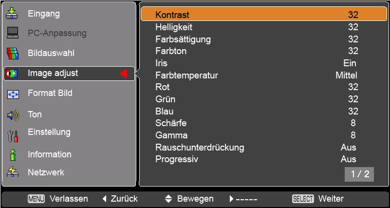 Videoeingang 1 Drücken Sie die MENU-Taste für die Anzeige des Bildschirmmenüs. Verwenden Sie die Zeigertasten, um auszuwählen, und drücken Sie dann die Zeigertaste oder die SELECT-Taste.