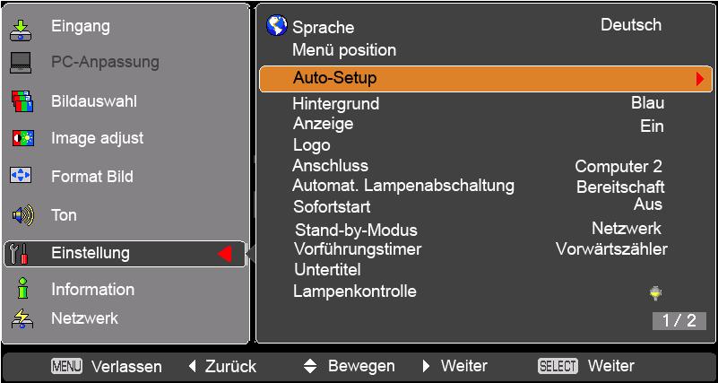 Auto-Setup Auto setup Mit dieser Funktion wird ssuche, Automat. Trapezkorrektur und Auto ermöglicht, indem einfach die AUTO SETUP-Taste auf dem oberen Gerätebedienfeld betätigt wird.