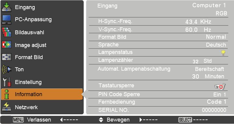 Anzeige zur Eingabequelle Das Menü wird verwendet, um den Status des projizierten Bildsignals und den Betriebsstatus des Projektors zu prüfen. Direkteinstellung Drücken Sie die INFO.
