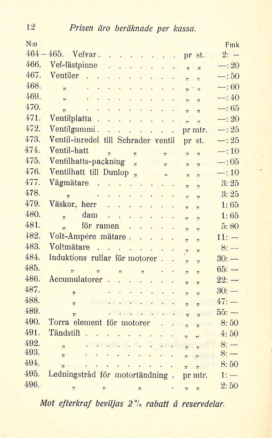 12 Prisen äro beräknade per kassa 464 465 Vefvar pr st 2; 466 Veffästpinne : 20 467 Ventiler : 50 468» : 60 469 :40, 47» v v 65 471 Ventilplatta : 20 472 Ventilgummi prmtr ; 25 473 Ventilinredel till