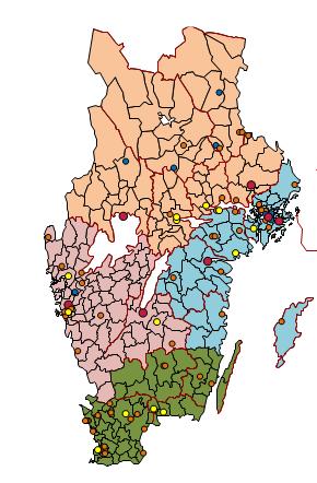 Alternativ 1c (fem distrikt) Som 1 a men Jönköpings län i Väst Sydsvenska Bangolfförbundet omfattar: Skåne län, Blekinge län, Kalmar län och Kronobergs län Västsvenska Bangolfförbundet omfattar: