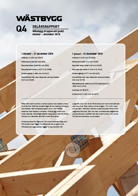 ENTREPRENAD OCH PROJEKTUTVECKLING 1 JANUARI 31 DECEMBER 2018 WÄSTBYGG Intäkterna ökade med 29 % till 3 652 mkr (2 838). Rörelseresultatet ökade med 63 % till 171 mkr (105).