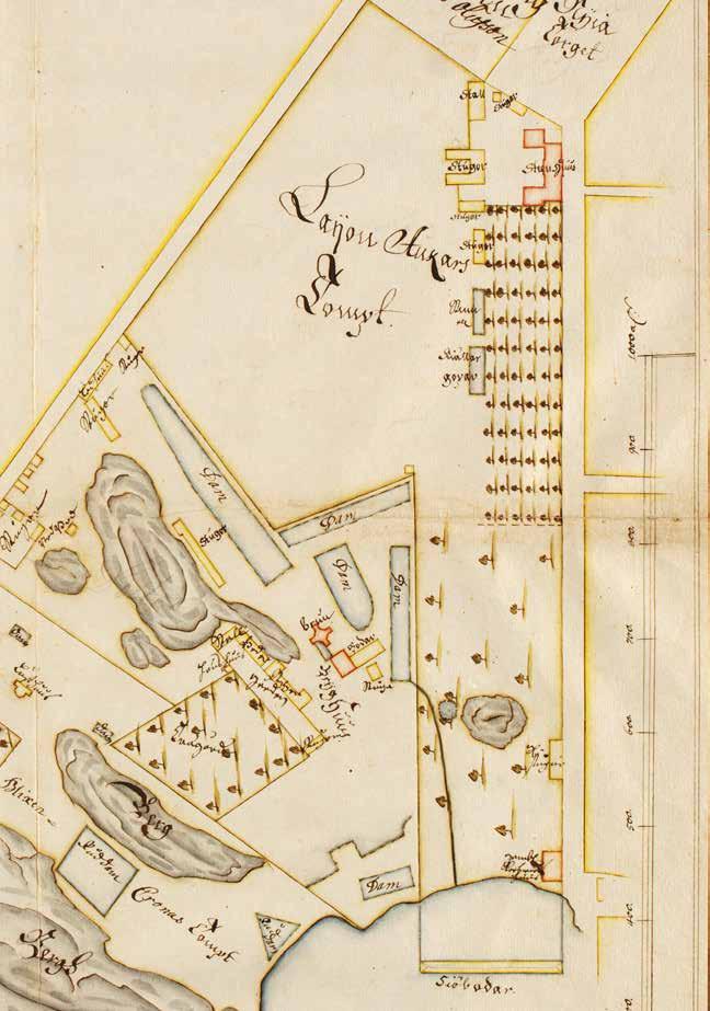 KARTAN FRÅN 1680 VISAR LEIJONANCKERS TEXTILMANUFAKTUR SOM DÅ STRÄCKTE SIG FRÅN NYTORGET TILL HAMMARBY SJÖ.