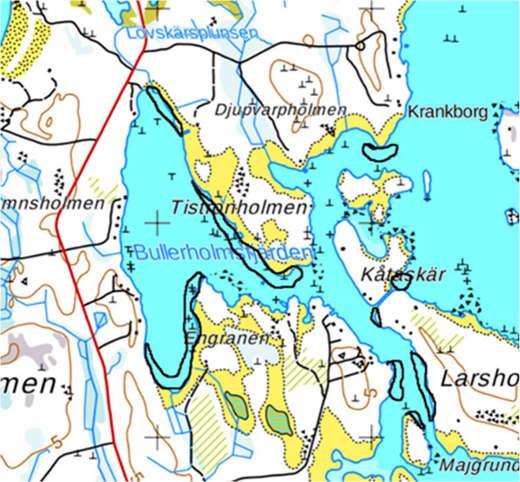 På dessa områden har vassen ersatts med nateväxter som abborrgräs (Potamogeton perfoliatus) eller olika arter av slinga (Myriophyllum sp.). Bild 5 a (t.v.). Bullerholmsfjärden med avrinningsområde utritat som blå linje på grundkartan utprintad 1.