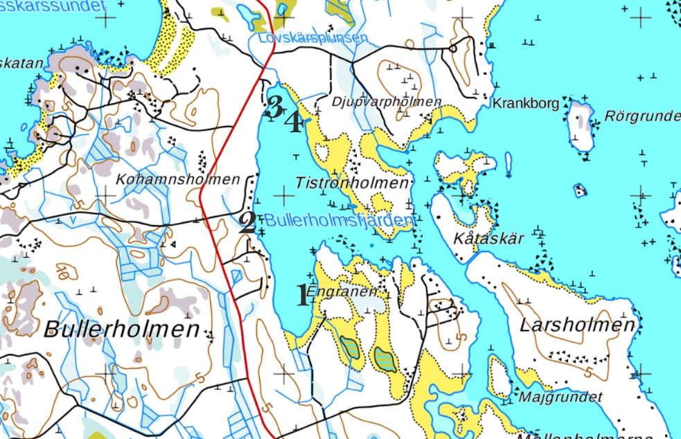 Bild 6. Platser (1-4) där lakyngel karterades med lakskopning 8.5.2018.