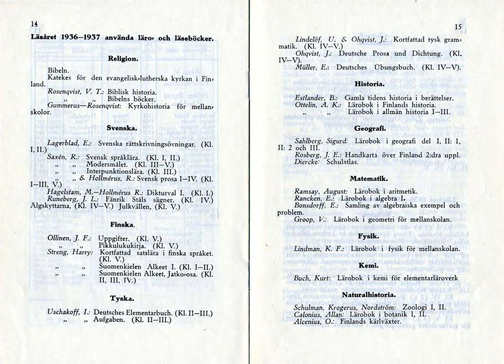 Lä.året 1936-1937 använda läro. och läseböcker. Religion. Bibeln. Katekes för den evangelisk-lutherska kyrkan i Finland. Rosenqvist, V. T.: Biblisk historia. Bibelns böcker.