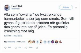 «foto: SKÄRMAVBILD, TT Nej, Bali (M) skrev inte så här om hamnarbetare Twitter. Den senaste i raden att drabbas av fejkade inlägg på Twitter är riksdagsledamoten Hanif Bali (M).