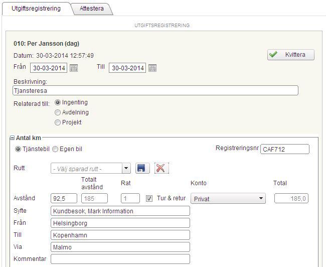 REGISTRERING AV ALLA UTGIFTER PROMILEAGE KILOMETER- OCH UTGIFTSREGISTRERING I PORTALEN Understöd för at