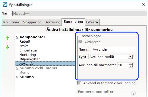 I Kalkyldialogen (Vyinställningar ->Summering) erbjuds större möjligheter att