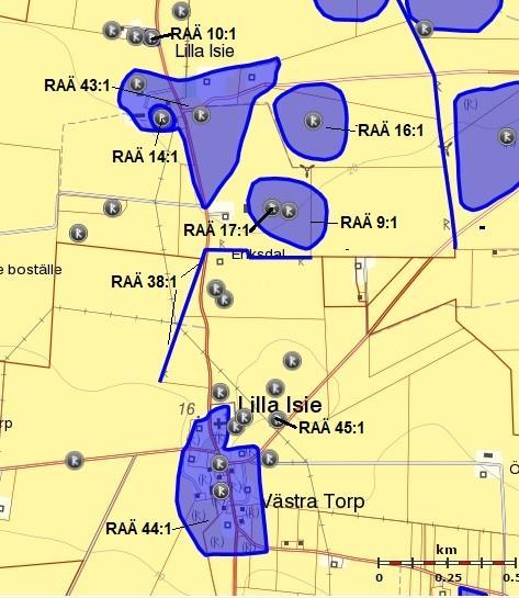 Figur 5. Lilla Isie bytomt (RAÄ Lilla Isie 43:1), Västra Torps bytomt (RAÄ Lilla Isie 44:1) samt ett gränsmärke i form av en vall (RAÄ Lilla Isie 38:1).