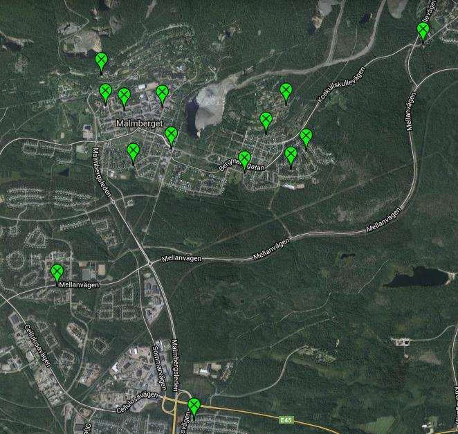 Figur 20. Lokalisering av punkter för mätning avseende vibrationer i gruvans närområde. Markpåverkan Under 2009 installerades ett GPS-baserat mätsystem i Malmberget.