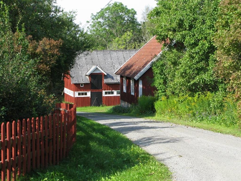 Landsvägen genom Bökevara bykärna kantas av boningshus och