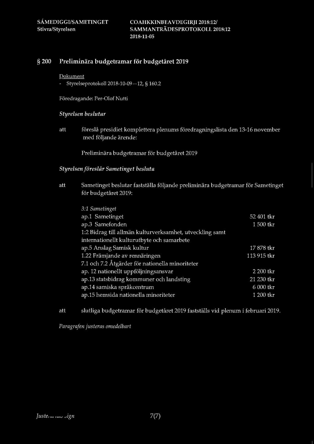 Sti vra/styrelsen 200 Preliminära budgetramar för budgetåret 2019 Dokument - Styrelseprotokoll 2018-10-09-12, 160.