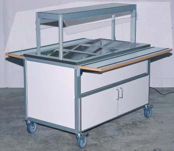 Salli buffevagn Bilden visar buffevagn WI 2116. Salli Ett komplett buffésytem som bygger på moduler tillverkade i natureloxerade aluminiumrör med laminatfyllningar.