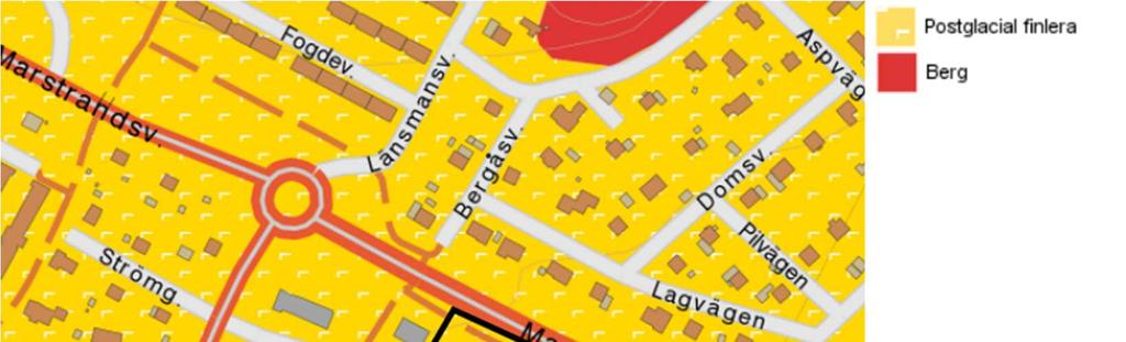 förmodat berg på ett djup mellan ca 1 och 33 m.