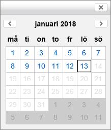 figur 35: Som alternativ till att skriva in ett datum kan datumväljaren användas genom att klicka på ikonen föreställande en kalender i figur 34. Datumväljaren visar endast tillåtna datum.