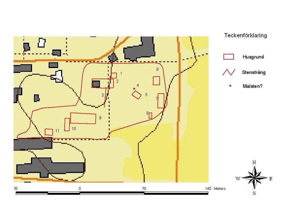 Fig. 2. Här återges resultatet av karteringen av den övergivna delen av byn Sör Salbo i Västerfärnebo socken, Västmanlands län. Området är bestämt med hänsyn till resultaten från utredningsgrävningen.