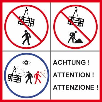 3.2 Dekaler Stå eller gå inte under hängande last. Använd ej på byggarbetsplats.