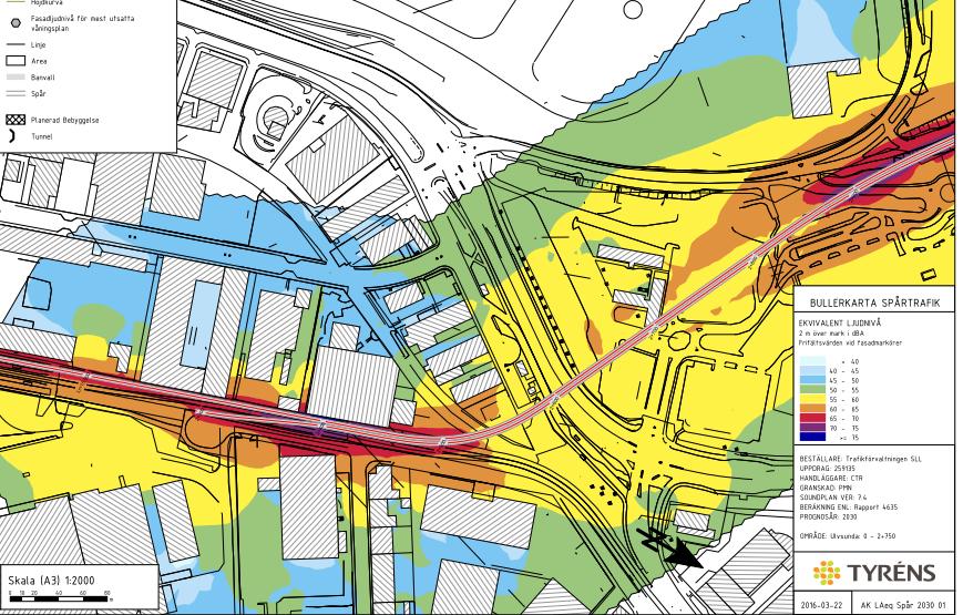 Sida 37 (45) Bullerkarta över beräknad ekvivalent ljudnivå år 2030 Bullerkarta över beräknad maximal ljudnivå år 2030 Vibrationer och stomljud Spårvagnar kan