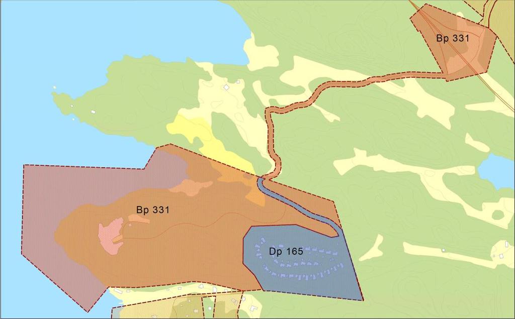 Karta 4: Redovisar gällande planer, Bp 331 i rött och Dp 165 i blått.