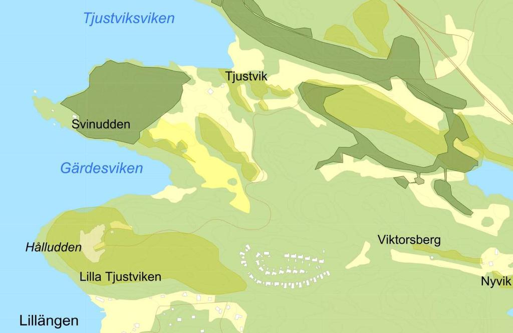 Karta 7: Redovisar naturmiljön. Mörkgröna fält avser nyckelbiotop. Ljusgröna fält avser skogsbiotop med visst naturvärde.
