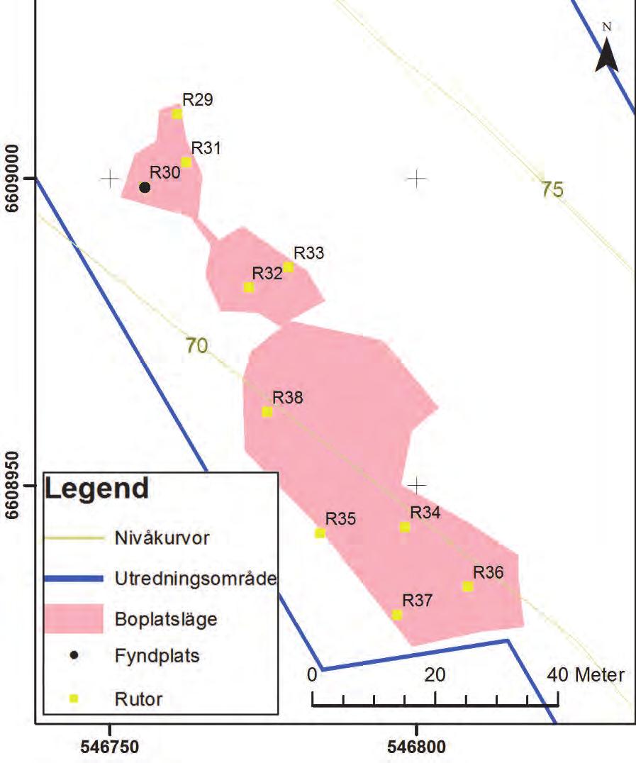Figur 10. Det södra bopoplatsläget, Objekt 2, med provrutorna och fyndplatsen utmärkta.