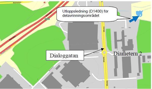 Figur 12. Översikt, nuvarande avrinningssituation. Planområde ungefärligen angivet.