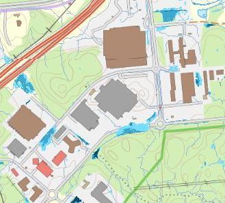 Figur 4. Mörkblått visar var 1 m vatten skulle kunna samlas vid extremt skyfall. Bild från Länsstyrelsens webb GIS. Figur 5.