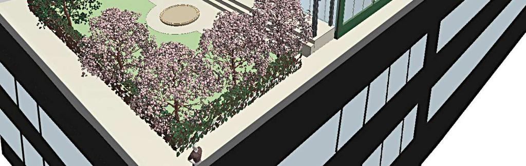 Kulturarena/bibliotek Takterraser och gård På bostadshusens tak utförs takterrasser med planteringar och möblering för utevistelse och med skärmtak närmast hissarna.
