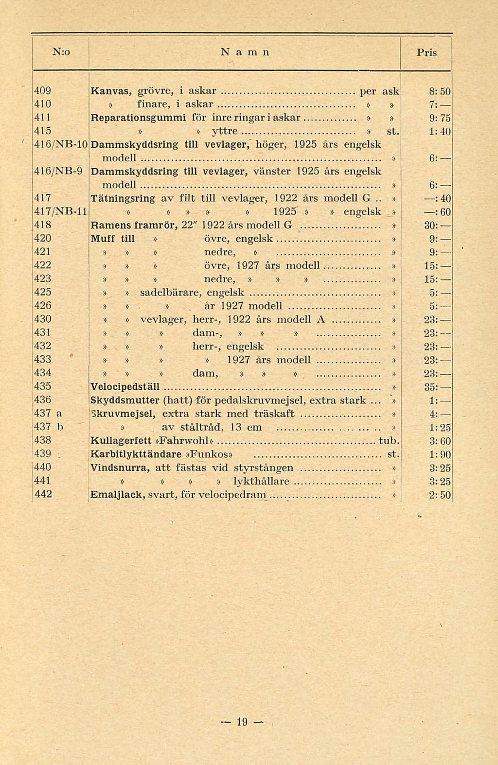 l Dammskyddsring N;o Namn Pris 409 410 '4ll 415 416/NB-10 416/NB-9 417 417/NB-ll 418 420 421 422 423 425 426 430 431 432 433 434 435 436 437 a 437 b 438 439, j440 441 442 Kanvas, grövre, i askar per