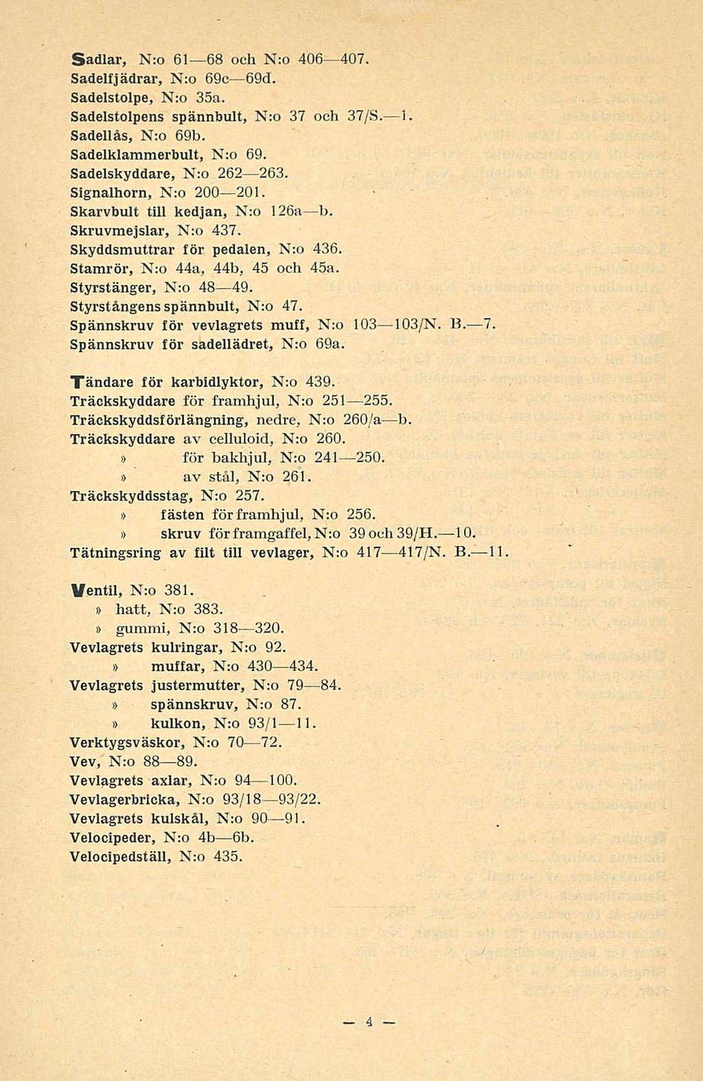 Sadlar, N:o 61 68 och N:o 406 407. Sadelfjädrar, N:o 60c 69d. Sadelstolpe, N:o 35a. Sadelstolpens spännbult, N;o 37 och 37/S. 1. Sadelläs, N:o 69b. Sadelklammerbult, N:o 69.