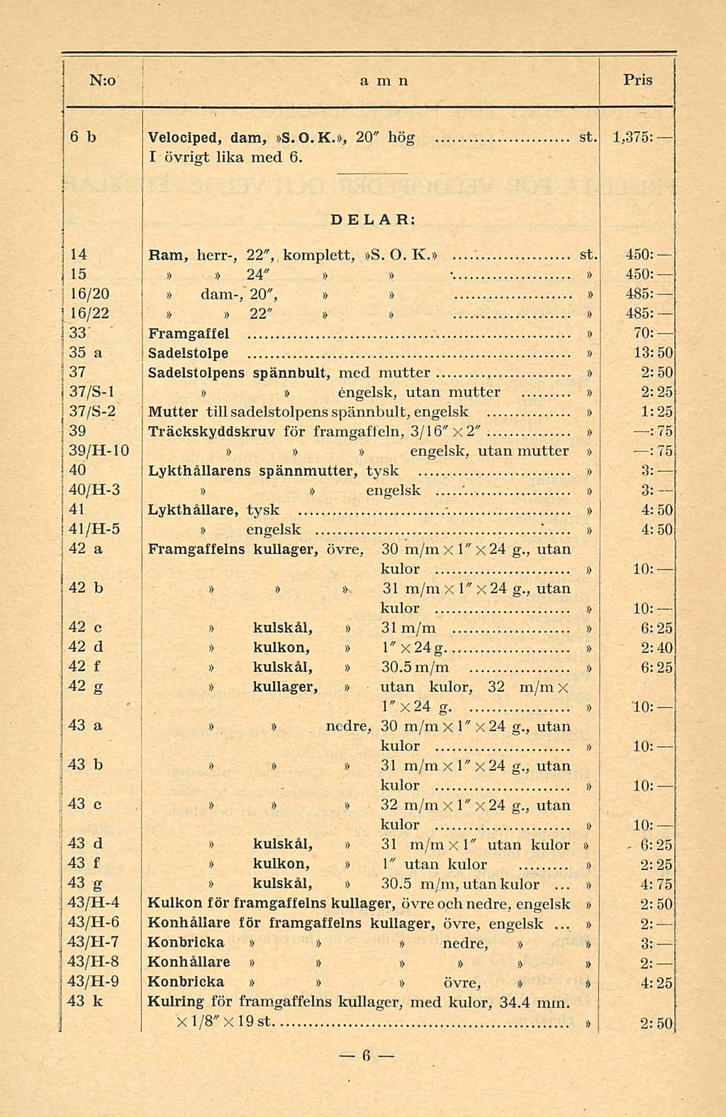 N:o a m n Pris 6 b Velociped, dam, S. 0.K., 20" hög st. 1,375: I övrigt lika med 6.