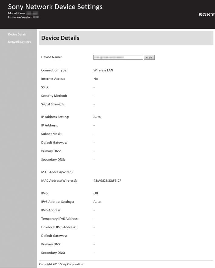 1 Anteckna SSID och lösenordet till routern. Mer information finns i bruksanvisningen till routern. SSID (Wi-Fi-nätverksnamn): 4 Öppna skärmen [Sony Network Device Settings].