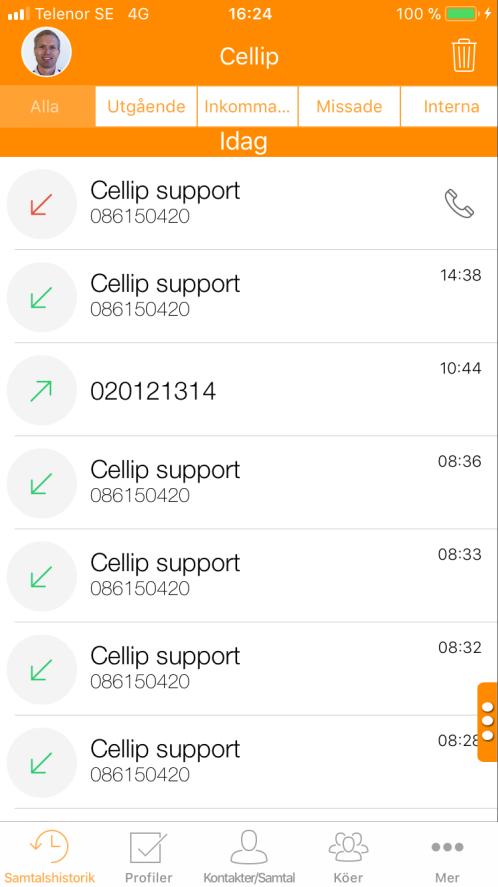 1.9 SAMTALSHISTORIK Klicka på Samtalshistorik för att få upp all sparad statistik. Pil upp = Utgående samtal. Pil ned = Inkommande samtal.