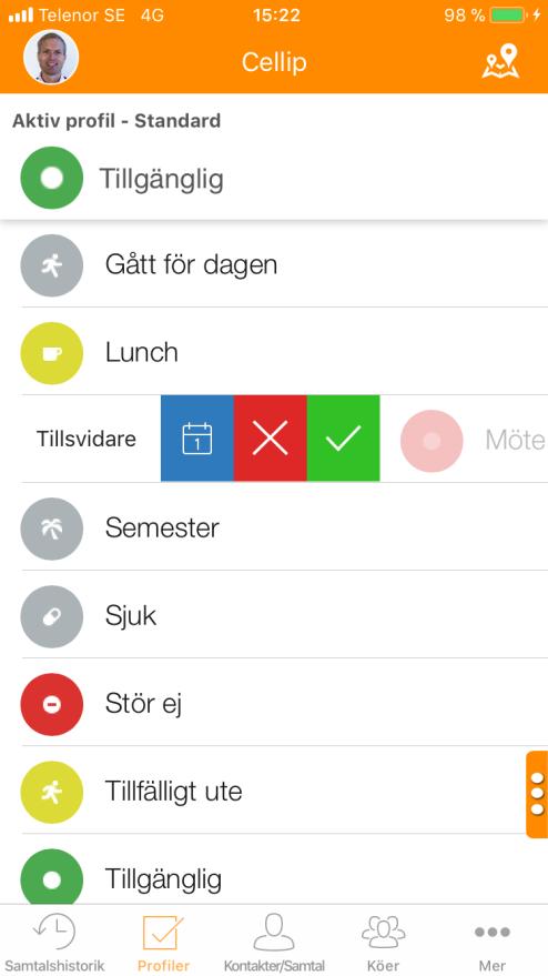 Tryck på tillsvidare för att bestämma hur länge en profil skall gälla 15 min, 30 min, 1 tim eller 2 tim. Välj den blå schemaläggningen av profil om ni vill välja att schemalägga ändringen.