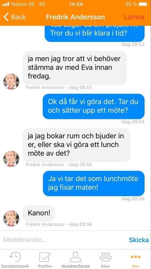 1.8 CHATTA För att chatta med en användare gå till kontaktlistan och klicka på användaren det dyker då upp en dialog ruta, ni kan genom att klicka på den börja chatta med