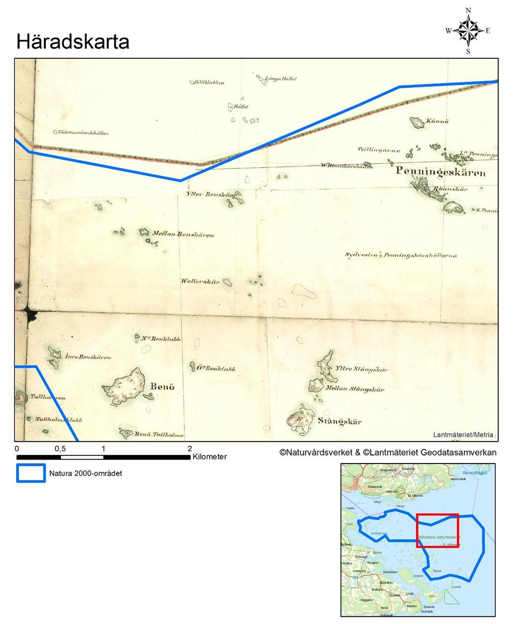 Natura 2000-område Natura 2000-kod Diarienummer Sida 76 av 83 Häradskartan, från slutet av 1800-talet, för delområde 3.