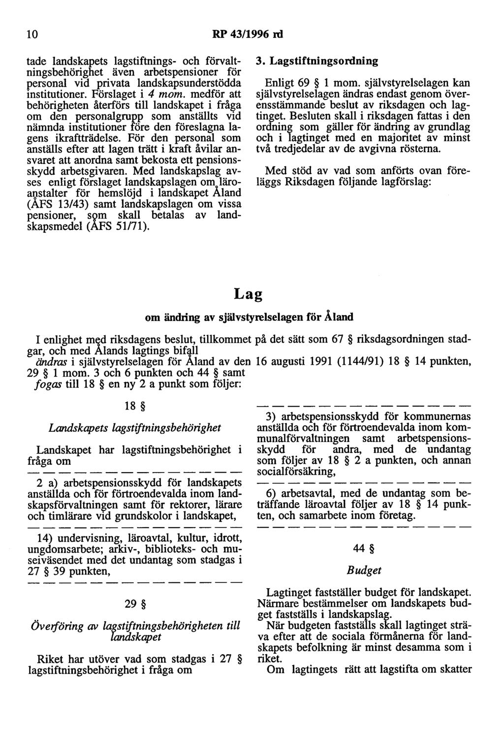lo RP 43/1996 nl tade landskapets lagstiftnings- och förvaltningsbehörighet även arbetspensioner för personal vid privata landskapsunderstödda institutioner. Förslaget i 4 mom.