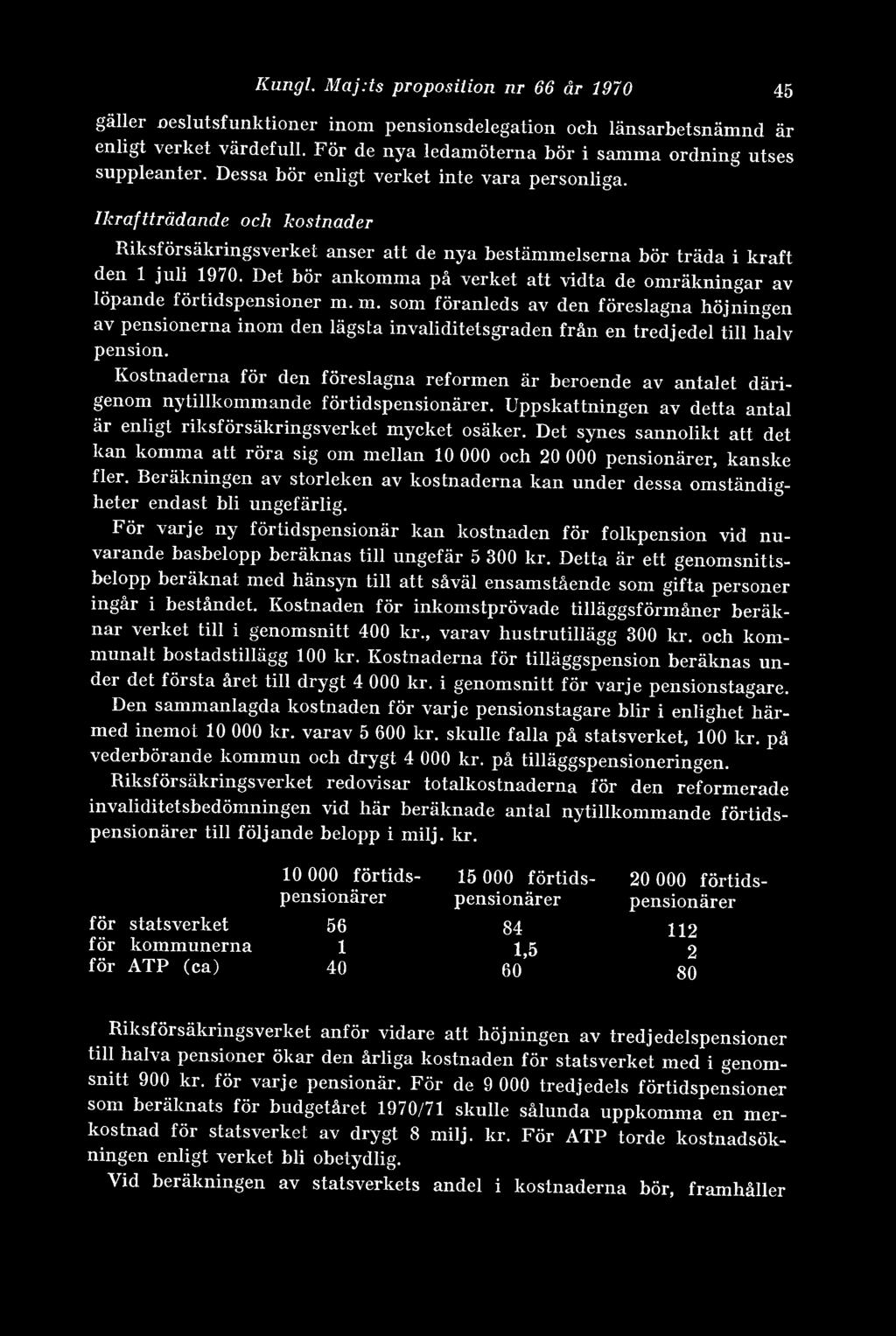 ts proposition nr 66 år 1970 Riksförsäkringsverket anser att de nya bestämmelserna bör träda i kraft den 1 juli 1970. Det bör ankomma pa verket att vidta de omräkningar av löpande förtidspensioner m.