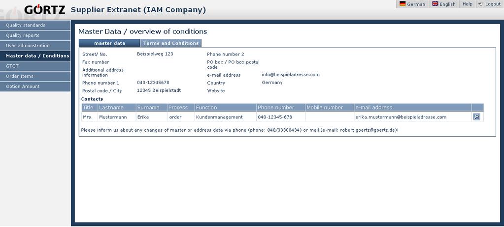 5. Master data / Conditions The menu Master data/conditions allows you to view your data and conditions.