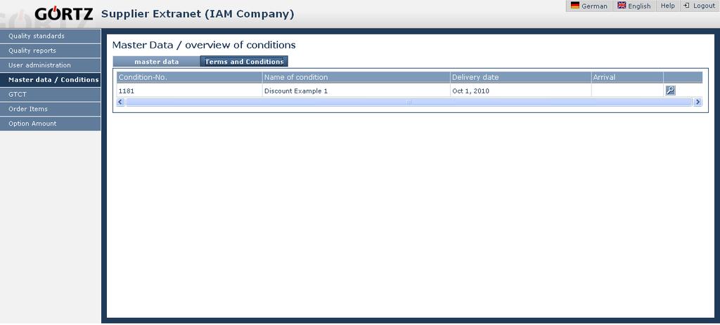 5. Master data / Conditions By clicking on the Back button you can return to the main overview.