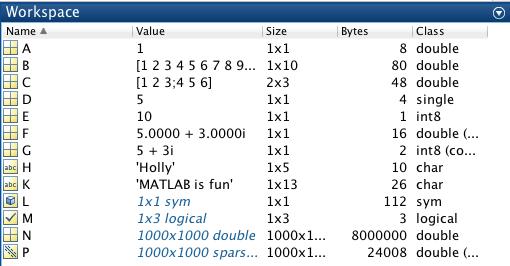 Exempel på datalagring A=1; B=[1:10]; C=[1 2,3;4,5,6]; D=single(5); E=int8(10); F=5+3i; G=int8(5+3i); H= Holly ; K= MATLAB is fun ; L=sym( x^2-x ); M=[true,false,true]; N=eye(1000); P=sparse(N); För