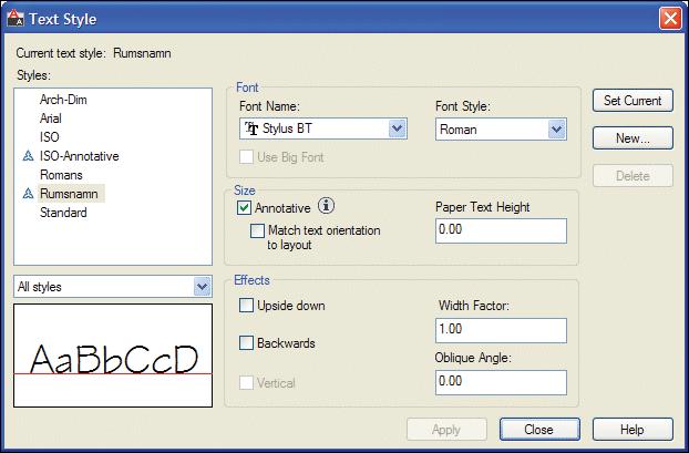 Skalanpassad textstil ( Annotative) Sedan 2008 finns det möjlighet i AutoCAD att arbeta med skalberoende eller som vi på fri svengelska nedan kallar dem: annotativa objekt.