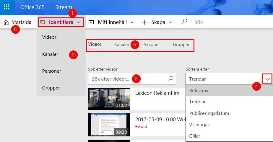 Söker du via Identifiera/Videor (1, 2) kan du skriva sökord (3) inom den kategori du valt.