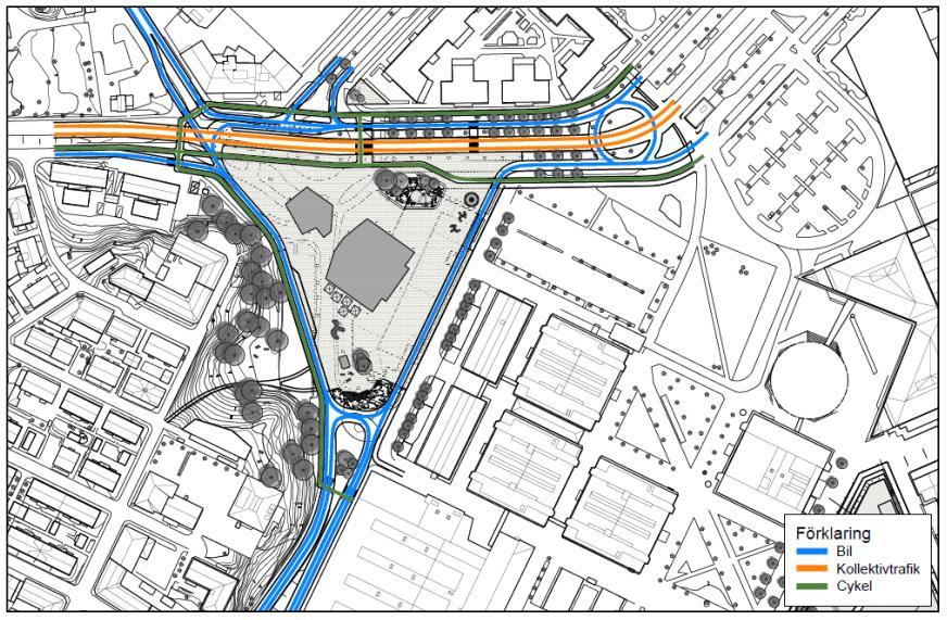 befintligt kollektivtrafikstråk utmed Lindholmsallén ligger kvar i sitt nuvarande läge. I söder ansluter dubbelriktade vägar för att angöra befintliga områden intill.