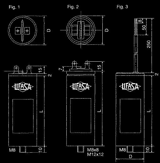 191 MOTORKONDENSATORER Driftkondensator är uppbyggd av självläkande metalliserad polypropylen i ett hölje av PVC. Kondensatorn är försedd med M8 bult i botten och tvåledar kabel (Fig.