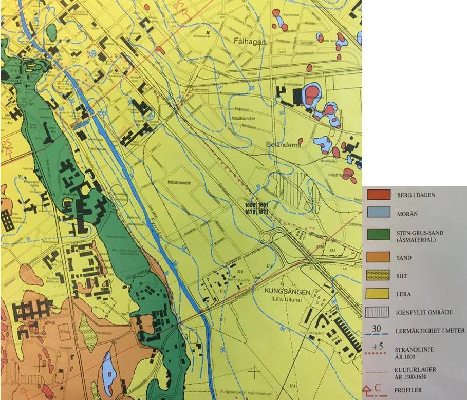 Kungsängen domineras av postglacial och glacial lera och angränsar rullstensåsen som består av åsmaterial. De största lermäktigheterna återfinns i närheten av Fyrisån.