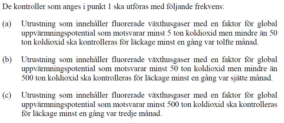 29 Kontroll av läckage (forts.) Larm dubblar tidsintervallet Övergångsregler från kg till GWP 30 Årlig rapportering till kommissionen 1.