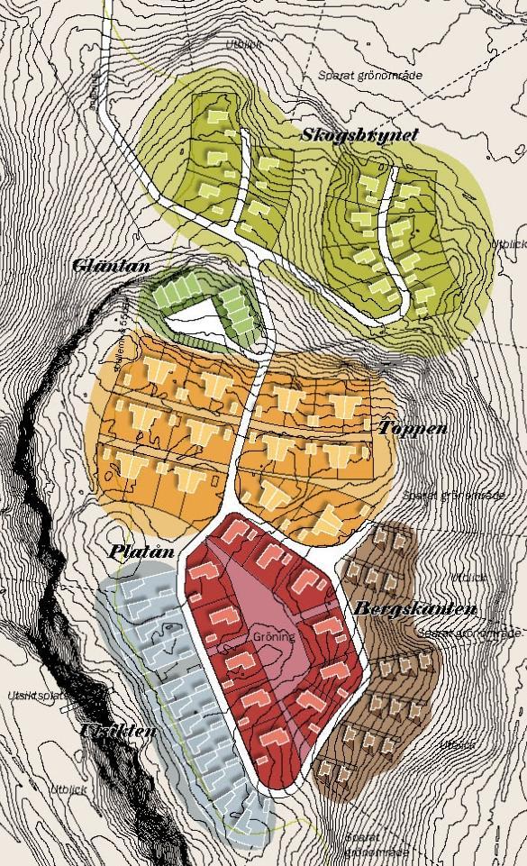 Figur 2. Utredningsområdet, med nivåkurvor och ett exploateringsförslag till vänster samt ungefärliga lutningsförhållanden till höger. 5. Geotekniska förhållanden 5.