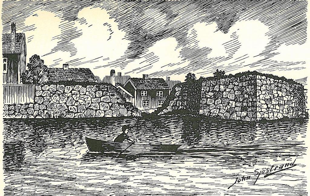 Bastionsplatsen Teckning av John Sjöstrand som visar det här området innan murarna revs och vattenytor blev till markytor. Foto: Kalmar läns museum.